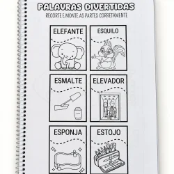 Atividade de alfabetização com palavras e desenhos para crianças.