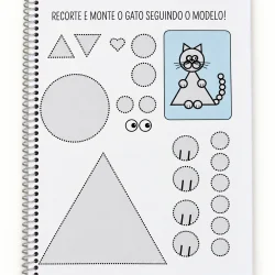 Atividades de alfabetização com formas geométricas e desenho de gato.