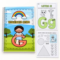 Material de alfabetização com letra G, desenhos e atividades educativas.