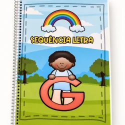 Caderno de atividades com tema da letra G e arco-íris colorido.