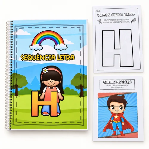Material de alfabetização com letra H, desenhos e atividades educativas.