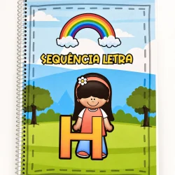 Caderno de atividades com a letra H e arco-íris colorido.
