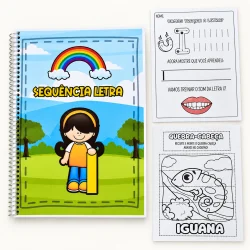 Material de alfabetização com atividades de sequência de letras e desenhos de animais.