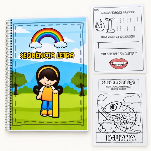 Material de alfabetização com atividades de sequência de letras e desenhos de animais.