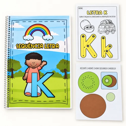 Material de alfabetização com letra K, atividades e história para crianças.
