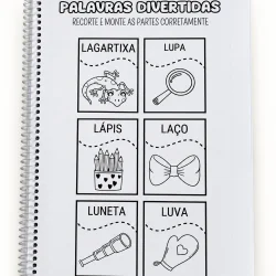 Atividades de recorte e montagem de palavras com imagens educativas.