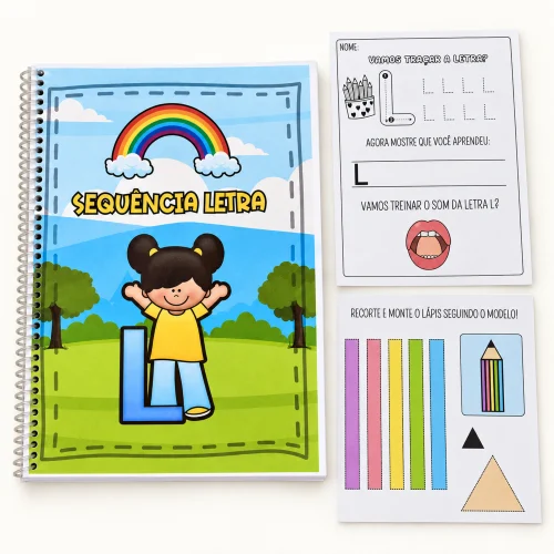 Caderno de atividades de alfabetização com letra L e arco-íris colorido.