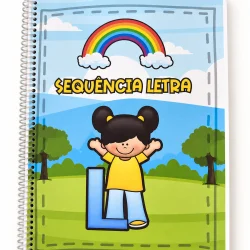 Caderno com ilustração de criança e arco-íris, foco na letra L.