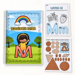 Material de alfabetização com foco na letra M e atividades de recorte e colagem.