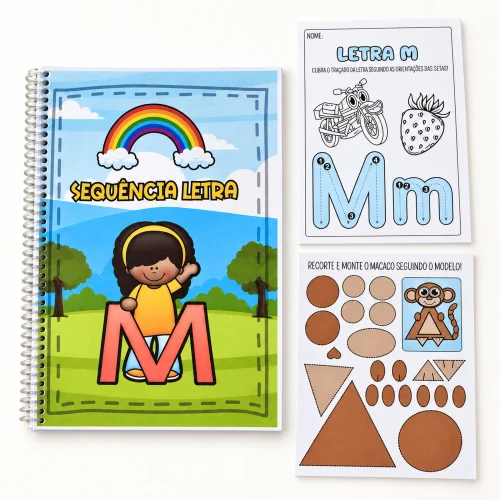Material de alfabetização com foco na letra M e atividades de recorte e colagem.
