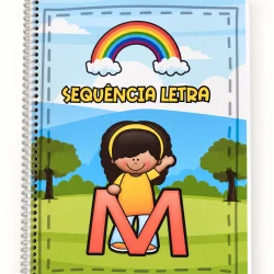 Caderno de atividades com letra M e arco-íris para alfabetização.