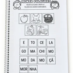 Atividade de montar palavras com imagens e sílabas para alfabetização.