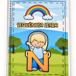 Caderno de atividades com letra N e arco-íris para alfabetização infantil.