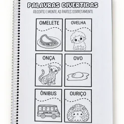 Atividade de palavras com imagens para alfabetização e reconhecimento de partes.