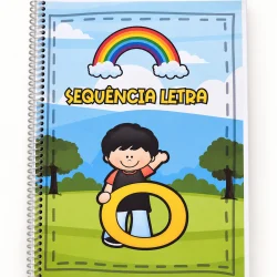 Caderno de atividades com personagem infantil e arco-íris para alfabetização.