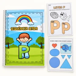 Material de alfabetização com letra P, desenhos e atividades educativas.