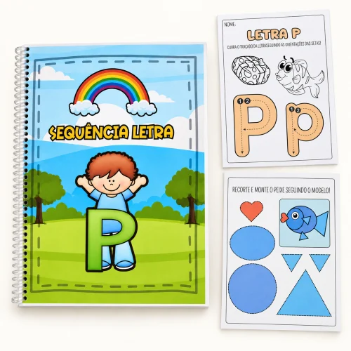 Material de alfabetização com letra P, desenhos e atividades educativas.