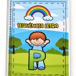 Caderno infantil com letra P e arco-íris para alfabetização.