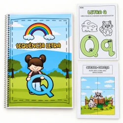 Material didático de alfabetização com foco na letra Q e atividades relacionadas.