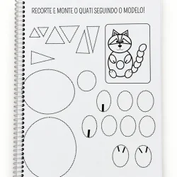 Atividades de recorte e montagem com formas geométricas e um gato para alfabetização.
