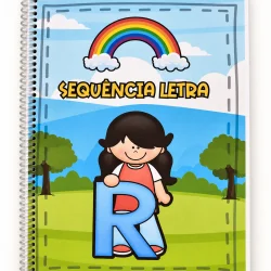 Capa de apostila com criança segurando a letra R e arco-íris ao fundo.