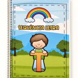 Caderno de atividades com criança segurando a letra T e arco-íris ao fundo.