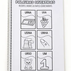 Atividade de recorte e colagem com palavras e imagens para crianças.
