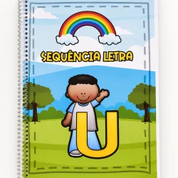 Caderno de atividades com a letra U e arco-íris para alfabetização infantil.