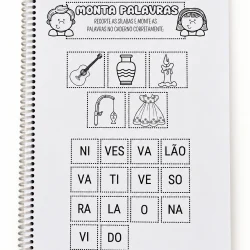 Atividade de montar palavras com imagens e sílabas para alfabetização.