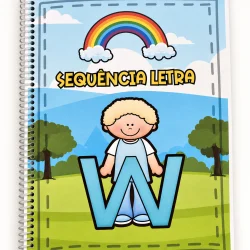 Caderno de alfabetização com letra W e tema de arco-íris e natureza.