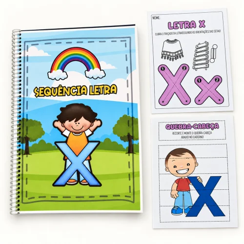 Material didático de alfabetização com foco na letra X para crianças.