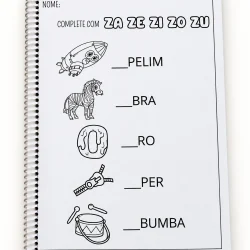 Atividade de alfabetização com palavras e imagens para crianças.
