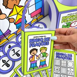 Jogo de bingo de frações para atividades educativas de matemática.
