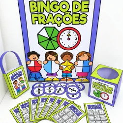 Jogo de bingo de frações com crianças e materiais educativos.