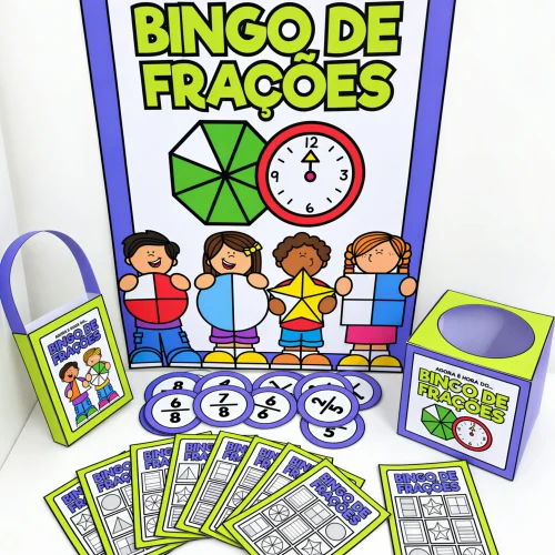Jogo de bingo de frações com crianças e materiais educativos.