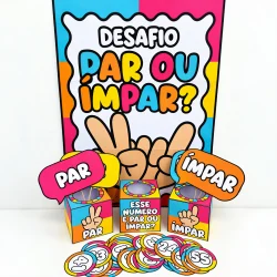 Jogo educativo Par ou Ímpar com cartas e fichas coloridas.