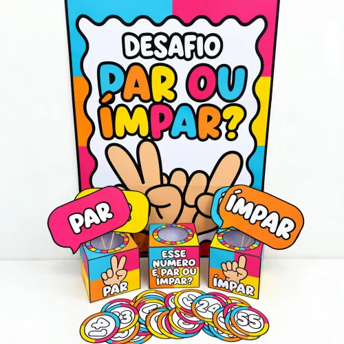 Jogo educativo Par ou Ímpar com cartas e fichas coloridas.