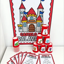 Jogo educativo com copos e cartazes de castelo para crianças.
