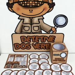 Jogo educativo para aprender verbos com personagem de detetive.