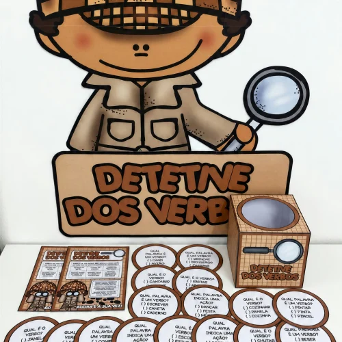 Jogo educativo para aprender verbos com personagem de detetive.