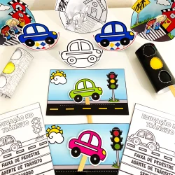 Atividades de trânsito com carros, semáforos e faixas de pedestres para crianças.