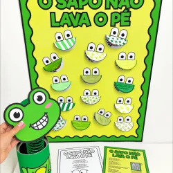 Sapo de papel com boca sorridente e olhos grandes, atividade educativa.