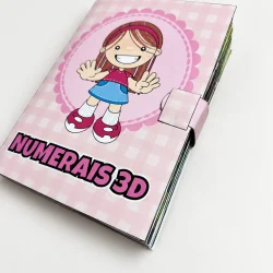 Livro educativo com personagem infantil e numerais 3D para crianças pequenas.