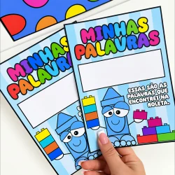 Cartaz educativo com palavras e blocos de montar para crianças.
