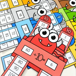 Tabuadas de divisão com personagens divertidos e coloridos para aprendizagem.