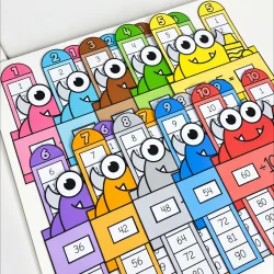 Tabuadas de divisão coloridas com personagens divertidos e olhos grandes.