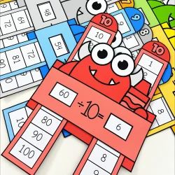 Brinquedo educativo de tabuada de divisão com personagem divertido.