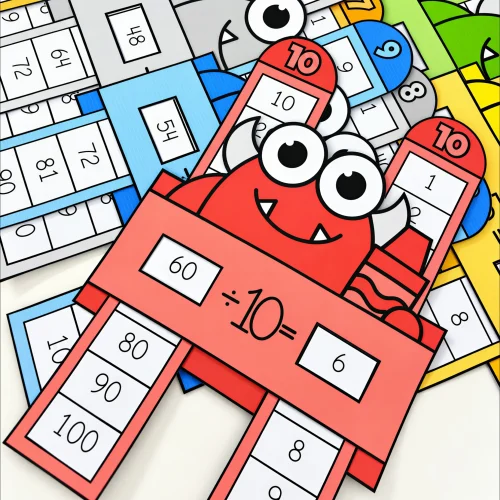Brinquedo educativo de tabuada de divisão com personagem divertido.