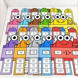 Tabuadas de divisão coloridas e interativas para aprendizagem infantil.