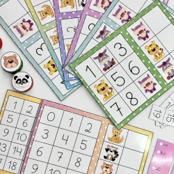 Tabuleiro de números com animais para ensino de sequência e números faltantes.